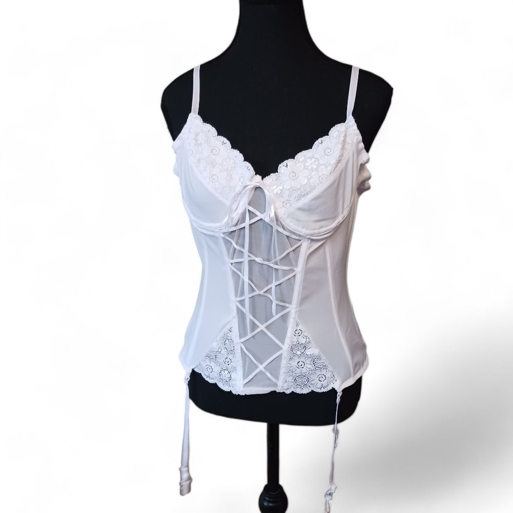 Lace and Mesh Adjustable Lace Up White Corset Garter Lingerie Size L
